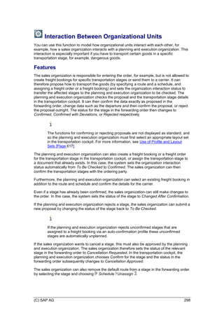 (C) SAP AG 298
Interaction Between Organizational Units
You can use this function to model how organizational units interact with each other, for
example, how a sales organization interacts with a planning and execution organization. This
interaction is especially important if you have to transport certain goods in a specific
transportation stage, for example, dangerous goods.
Features
The sales organization is responsible for entering the order, for example, but is not allowed to
create freight bookings for specific transportation stages or send them to a carrier. It can
therefore propose how to transport the goods (by specifying a route and a schedule, and
assigning a freight order or a freight booking) and sets the organization interaction status to
transfer the affected stages to the planning and execution organization to be checked. The
planning and execution organization checks the proposal and the transportation stage details
in the transportation cockpit. It can then confirm the data exactly as proposed in the
forwarding order, change data such as the departure and then confirm the proposal, or reject
the proposal outright. The status for the stage in the forwarding order then changes to
Confirmed, Confirmed with Deviations, or Rejected respectively.
The functions for confirming or rejecting proposals are not displayed as standard, and
so the planning and execution organization must first select an appropriate layout set
in the transportation cockpit. For more information, see Use of Profile and Layout
Sets [Page 617].
The planning and execution organization can also create a freight booking or a freight order
for the transportation stage in the transportation cockpit, or assign the transportation stage to
a document that already exists. In this case, the system sets the organization interaction
status automatically from To Be Checked to Confirmed. The sales organization can then
confirm the transportation stages with the ordering party.
Furthermore, the planning and execution organization can select an existing freight booking in
addition to the route and schedule and confirm the details for the carrier.
Even if a stage has already been confirmed, the sales organization can still make changes to
the order. In this case, the system sets the status of the stage to Changed After Confirmation.
If the planning and execution organization rejects a stage, the sales organization can submit a
new proposal by changing the status of the stage back to To Be Checked.
If the planning and execution organization rejects unconfirmed stages that are
assigned to a freight booking via an auto-confirmation profile these unconfirmed
stages are automatically unplanned.
If the sales organization wants to cancel a stage, this must also be approved by the planning
and execution organization. The sales organization therefore sets the status of the relevant
stage in the forwarding order to Cancellation Requested. In the transportation cockpit, the
planning and execution organization chooses Confirm for the stage and the status in the
forwarding order subsequently changes to Cancellation Approved.
The sales organization can also remove the default route from a stage in the forwarding order
by selecting the stage and choosing Schedule Unassign .
 