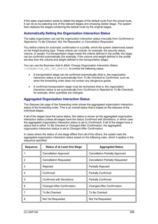 (C) SAP AG 299
If the sales organization wants to delete the stages of the default route from the actual route,
it can do so by selecting one of the relevant stages and choosing Delete Stage. The system
then replaces the stages containing the default route by the original stages.
Automatically Setting the Organization Interaction Status
The sales organization can set the organization interaction status manually from Confirmed or
Rejected to To Be Checked, Not Yet Requested, or Cancellation Requested.
You define criteria for automatic confirmation in a profile, which the system determines based
on the freight booking type. These criteria can include, for example, the security status,
volume, or weight. If a transportation stage meets the criteria defined in the profile, the stage
can be confirmed automatically (for example, if the volume and weight defined in the profile
are less than the volume and weight defined in the transportation stage).
You can use the Business Add-In BAdI: Change Organization Interaction Status
(/SCMTMS/TOR_ORG_INT_STATUS) to control the following cases:
 A transportation stage can be confirmed automatically (that is, the organization
interaction status is set automatically from To Be Checked to Confirmed), such as
when the forwarding order does not contain any dangerous goods.
 A confirmed transportation stage must be rechecked (that is, the organization
interaction status is set automatically from Confirmed or Rejected to To Be Checked),
for example, when quantities are changed.
Aggregated Organization Interaction Status
The Statuses tab page of the forwarding order shows the aggregated organization interaction
status of the forwarding order. This is an overall status that is based on the statuses of the
individual stages.
If all of the stages have the same status, this status is shown as the aggregated organization
interaction status (unless all stages have the status Confirmed with Deviations, in which case
the aggregated organization interaction status is set to Confirmed). If all of the stages have a
status that is either To Be Checked or Changed After Confirmation, the aggregated
organization interaction status is set to Changed After Confirmation.
In cases where the status of one stage differs from all of the others, the system sets the
aggregated organization interaction status based on the following rules, which it applies in the
sequence specified:
Sequence Status of at Least One Stage Aggregated Status
1 Cancellation Approved Cancellation Partially Approved
2 Cancellation Requested Cancellation Partially Requested
3 Rejected Partially Rejected
4 Confirmed Partially Confirmed
5 Confirmed with Deviations Partially Confirmed
6 Changed After Confirmation Changed After Confirmation
7 To Be Checked To Be Checked
8 Not Yet Requested Not Yet Requested
 