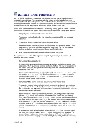(C) SAP AG 32
Business Partner Determination
You can enable the system to determine the business partners that you use in different
business document types. You can also enable the system to automatically determine
business partners for forwarding orders with specific Incoterms. This allows you easily and
efficiently enter business partners in a business document. It cuts down the chance of manual
errors and reduces the need to enter a business partner for each party role.
In the Define Partner Determination Profiles Customizing activity, you can create a partner
determination profile that the system uses to automatically determine the following features:
 The party roles available in a business document
You specify the list of party roles that the system makes available in a business
document.
 The level of control the user has in entering the party role
Depending on the settings you define in Customizing, you change or delete a party
role, or add a party role from a list of available party roles. You can also specify
settings so that you cannot change or delete specific party roles.
 How the system determines business partners for the party roles
The system uses one of the following relationships that you specify in Customizing, to
determine a business partner:
 Party role and source party role
In Customizing, you can specify a source party role for a particular party role. In the
application, when you enter a business partner in the field that you have specified as
the source party role, the system automatically copies the business partner to the
associated party role.
For example, in Customizing, you specify the party role as Invoicing Party, the
source type as Party Role, and the source role as Carrier. In the application,
you specify the carrier as CSI_CARR1. The system assigns CSI_CARR1 as the
business partner for the invoicing party.
 Party role and the source party role in business partner master data
The system uses the relationship you specify between organizations and business
partners in the Customer Partner Determination and Vendor Partner Determination
tab pages in the BP – Maintain Business Partner transaction to determine a business
partner in a business document.
For example, you are a logistics service provider (LSP), and you have a business
partner APP_1. In the BP – Maintain Business Partner transaction, you specify
APP_1 with the BP role of Sold-to Party. On the Customer Partner Determination
tab page of the BP transaction for APP_1, you create a relationship between sales
organization 561234 and the business partner APP_INV. APP_INV fulfills the role of
invoicing party for APP_1. In Customizing, you specify the party role as Invoicing
Party, the source type as BP Relationship, and the source role as Ordering
Party.
In a forwarding order, you specify the organization as 561234 on the General Data
tab page and the ordering party as APP_1 on the Business Partner tab page. The
system checks the business partner master data for APP_1. On the Customer
Partner Determination tab page, it finds that APP_1 uses APP_INV as the invoicing
 
