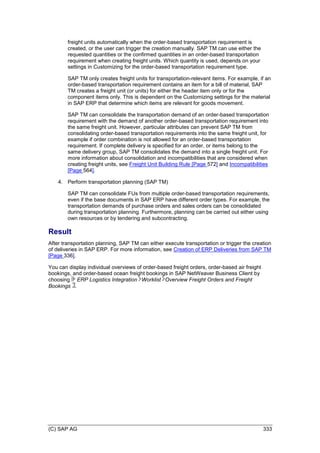 (C) SAP AG 333
freight units automatically when the order-based transportation requirement is
created, or the user can trigger the creation manually. SAP TM can use either the
requested quantities or the confirmed quantities in an order-based transportation
requirement when creating freight units. Which quantity is used, depends on your
settings in Customizing for the order-based transportation requirement type.
SAP TM only creates freight units for transportation-relevant items. For example, if an
order-based transportation requirement contains an item for a bill of material, SAP
TM creates a freight unit (or units) for either the header item only or for the
component items only. This is dependent on the Customizing settings for the material
in SAP ERP that determine which items are relevant for goods movement.
SAP TM can consolidate the transportation demand of an order-based transportation
requirement with the demand of another order-based transportation requirement into
the same freight unit. However, particular attributes can prevent SAP TM from
consolidating order-based transportation requirements into the same freight unit, for
example if order combination is not allowed for an order-based transportation
requirement. If complete delivery is specified for an order, or items belong to the
same delivery group, SAP TM consolidates the demand into a single freight unit. For
more information about consolidation and incompatibilities that are considered when
creating freight units, see Freight Unit Building Rule [Page 572] and Incompatibilities
[Page 564].
4. Perform transportation planning (SAP TM)
SAP TM can consolidate FUs from multiple order-based transportation requirements,
even if the base documents in SAP ERP have different order types. For example, the
transportation demands of purchase orders and sales orders can be consolidated
during transportation planning. Furthermore, planning can be carried out either using
own resources or by tendering and subcontracting.
Result
After transportation planning, SAP TM can either execute transportation or trigger the creation
of deliveries in SAP ERP. For more information, see Creation of ERP Deliveries from SAP TM
[Page 336].
You can display individual overviews of order-based freight orders, order-based air freight
bookings, and order-based ocean freight bookings in SAP NetWeaver Business Client by
choosing ERP Logistics Integration Worklist Overview Freight Orders and Freight
Bookings .
 