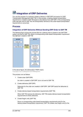 (C) SAP AG 343
Integration of ERP Deliveries
You use this process if a customer creates a delivery in SAP ERP and sends it to SAP
Transportation Management (SAP TM). In this process, a delivery-based transportation
requirement is created in SAP TM based on the delivery from SAP ERP. If the corresponding
order was also sent to SAP TM, the transportation demand of the order-based transportation
requirements is consumed.
Process
Integration of ERP Deliveries Without Sending ERP Order to SAP TM
The following figure shows the process flow for a delivery that is created in the SAP ERP
system and sent to SAP TM, where a corresponding order-based transportation requirement
has not been created in SAP TM:
SAP ERP SAP TM
Create deliveries
Create freight
units
Create delivery-
based transp.
requirements
Create order
Perform
transportation
planning
Execute
transportation
Message
TRSR
In the above figure, the abbreviation TRSR means
TransportationRequestSUITERequest.
The process runs as follows:
1. Create order (SAP ERP)
An order is created in SAP ERP, but is not sent to SAP TM.
2. Create deliveries (SAP ERP)
Deliveries for the order are created in SAP ERP. SAP ERP sends the deliveries to
SAP TM.
3. Create delivery-based transportation requirements (SAP TM)
When SAP TM receives the deliveries, SAP TM creates delivery-based transportation
requirements for these deliveries.
4. Create freight units (SAP TM)
Since no corresponding order-based transportation requirements exist for the
delivery-based transportation requirement, SAP TM creates new freight units for the
 