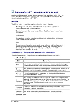 (C) SAP AG 346
Delivery-Based Transportation Requirement
Represents a transportation demand based on a delivery that was created in SAP ERP. The
delivery-based transportation requirement in SAP Transportation Management (SAP TM)
corresponds to a single delivery in SAP ERP.
Structure
The delivery-based transportation requirement has the following structure:
 Tabs for general data, terms and conditions, business partners, location and
dates/times, notes, and administrative data.
Contains information that is relevant for all items of a delivery-based transportation
requirement.
 Document flow
Shows a list of preceding and subsequent documents that are related to the delivery-
based transportation requirement.
 Items
This table shows the product items, service items, text items, and handling units. In
the delivery-based transportation requirement, handling units can contain product
items and other handling units. For each item, you can display more detailed
information on a number of tab pages.
Statuses in the Delivery-Based Transportation Requirement
The following statuses are available in the delivery-based transportation requirement:
 Lifecycle Status
Status Description
New
The delivery-based transportation requirement has been created. No freight
units have been assigned to the delivery-based transportation requirement yet.
In
Planning
The delivery-based transportation requirement is in the planning process and at
least one freight unit has been created for the transportation requirement.
Planned
All the freight units that are assigned to the delivery-based transportation
requirement have been planned.
In
Execution
The delivery-based transportation requirement is in the execution process. At
least one follow-on document (not necessarily a freight unit) is in execution. For
more information about the execution of a transportation requirement, see the
execution status of the transportation requirement or of the follow-on
documents.
Completed
Processing of the delivery-based transportation requirement has been
completed. Execution has finished.
Canceled The delivery-based transportation requirement has been canceled.
 Execution Status
 
