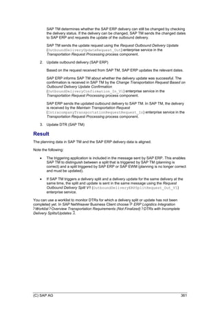 (C) SAP AG 361
SAP TM determines whether the SAP ERP delivery can still be changed by checking
the delivery status. If the delivery can be changed, SAP TM sends the changed dates
to SAP ERP and requests the update of the outbound delivery.
SAP TM sends the update request using the Request Outbound Delivery Update
(OutboundDeliveryUpdateRequest_Out) enterprise service in the
Transportation Request Processing process component.
2. Update outbound delivery (SAP ERP)
Based on the request received from SAP TM, SAP ERP updates the relevant dates.
SAP ERP informs SAP TM about whether the delivery update was successful. The
confirmation is received in SAP TM by the Change Transportation Request Based on
Outbound Delivery Update Confirmation
(OutboundDeliveryConfirmation_In_V1) enterprise service in the
Transportation Request Processing process component.
SAP ERP sends the updated outbound delivery to SAP TM. In SAP TM, the delivery
is received by the Maintain Transportation Request
(IntracompanyTransportationRequestRequest_In) enterprise service in the
Transportation Request Processing process component.
3. Update DTR (SAP TM)
Result
The planning data in SAP TM and the SAP ERP delivery data is aligned.
Note the following:
 The triggering application is included in the message sent by SAP ERP. This enables
SAP TM to distinguish between a split that is triggered by SAP TM (planning is
correct) and a split triggered by SAP ERP or SAP EWM (planning is no longer correct
and must be updated).
 If SAP TM triggers a delivery split and a delivery update for the same delivery at the
same time, the split and update is sent in the same message using the Request
Outbound Delivery Split V1 (OutboundDeliveryERPSplitRequest_Out_V1)
enterprise service.
You can use a worklist to monitor DTRs for which a delivery split or update has not been
completed yet. In SAP NetWeaver Business Client choose ERP Logistics Integration
Worklist Overview Transportation Requirements (Not Finalized) DTRs with Incomplete
Delivery Splits/Updates .
 
