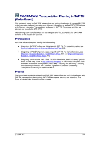 (C) SAP AG 377
TM-ERP-EWM: Transportation Planning in SAP TM
(Order-Based)
This process is based on SAP ERP sales orders and outbound deliveries. It involves ERP-TM
order integration, delivery integration, and shipment integration, as well as ERP-EWM delivery
and shipment integration. Transportation is planned in SAP TM. Warehouse activities are
planned and executed in SAP EWM.
The following is an example of how you can integrate SAP TM, SAP ERP, and SAP EWM.
Variants of this process are possible.
Prerequisites
You have made the required settings for the following:
 Integrating SAP ERP orders and deliveries with SAP TM. For more information, see
Configuring Integration of Orders and Deliveries [Page 313].
 Integrating SAP ERP shipment processing with SAP TM. For more information, see
Shipment Integration Based on Freight Orders [Page 364] and Shipment Integration
Based on Freight Bookings [Page 368].
 Integrating SAP ERP with SAP EWM. For more information, see SAP Library for SAP
EWM on SAP Help Portal at http://help.sap.com/ewm. In SAP Library, choose SAP
Extended Warehouse Management (SAP EWM) Shipping and Receiving Shipping
and Receiving in Inbound and Outbound Processes Outbound Processing:
Transportation Planning in TM-ERP-EWM .
Process
The figure below shows the integration of SAP ERP sales orders and outbound deliveries with
SAP TM transportation planning and SAP EWM warehouse planning and execution. The
figure is followed by a description of the process:
 