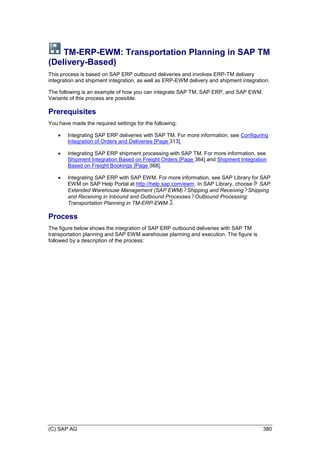(C) SAP AG 380
TM-ERP-EWM: Transportation Planning in SAP TM
(Delivery-Based)
This process is based on SAP ERP outbound deliveries and involves ERP-TM delivery
integration and shipment integration, as well as ERP-EWM delivery and shipment integration.
The following is an example of how you can integrate SAP TM, SAP ERP, and SAP EWM.
Variants of this process are possible.
Prerequisites
You have made the required settings for the following:
 Integrating SAP ERP deliveries with SAP TM. For more information, see Configuring
Integration of Orders and Deliveries [Page 313].
 Integrating SAP ERP shipment processing with SAP TM. For more information, see
Shipment Integration Based on Freight Orders [Page 364] and Shipment Integration
Based on Freight Bookings [Page 368].
 Integrating SAP ERP with SAP EWM. For more information, see SAP Library for SAP
EWM on SAP Help Portal at http://help.sap.com/ewm. In SAP Library, choose SAP
Extended Warehouse Management (SAP EWM) Shipping and Receiving Shipping
and Receiving in Inbound and Outbound Processes Outbound Processing:
Transportation Planning in TM-ERP-EWM .
Process
The figure below shows the integration of SAP ERP outbound deliveries with SAP TM
transportation planning and SAP EWM warehouse planning and execution. The figure is
followed by a description of the process:
 