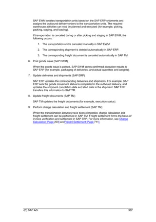 (C) SAP AG 382
SAP EWM creates transportation units based on the SAP ERP shipments and
assigns the outbound delivery orders to the transportation units. The required
warehouse activities can now be planned and executed (for example, picking,
packing, staging, and loading).
If transportation is canceled during or after picking and staging in SAP EWM, the
following occurs:
1. The transportation unit is canceled manually in SAP EWM.
2. The corresponding shipment is deleted automatically in SAP ERP.
3. The corresponding freight document is canceled automatically in SAP TM.
6. Post goods issue (SAP EWM)
When the goods issue is posted, SAP EWM sends confirmed execution results to
SAP ERP (for example, packaging of deliveries, and actual quantities and weights).
7. Update deliveries and shipments (SAP ERP)
SAP ERP updates the corresponding deliveries and shipments. For example, SAP
ERP sets the goods movement status to completed in the outbound delivery, and
updates the shipment completion date and start date in the shipment. SAP ERP
transfers this information to SAP TM.
8. Update freight documents (SAP TM)
SAP TM updates the freight documents (for example, execution status).
9. Perform charge calculation and freight settlement (SAP TM)
When the transportation activities have been completed, charge calculation and
freight settlement can be performed in SAP TM. Freight settlement forms the basis of
invoice verification and settlement in SAP ERP. For more information, see Charge
Calculation [Page 203] andFreight Settlement [Page 711].
 