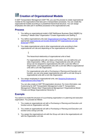 (C) SAP AG 39
Creation of Organizational Models
In SAP Transportation Management (SAP TM), you use this process to create organizational
models for the organizations that take part in transportation processes. You can create the
organizational models according to a predefined hierarchical structure. You can assign
employees who take part in workflow processes to the organizational units.
Process
1. You define an organizational model in SAP NetWeaver Business Client (NWBC) by
choosing Master Data Organization Create Organization and Staffing .
2. You define organizational units (see Organizational Unit [Page 40]) and assign an
appropriate organizational unit function [External] and organizational unit role
[External] to them.
3. You relate organizational units to other organizational units according to their
organizational unit role and depending on the organizational unit function.
The hierarchical relationship of organizational units is fixed.
For organizational units with a Sales unit function, you can define the unit
roles Organization, Office, and Group. Organizational units with unit role
Group can be assigned to organizational units with a unit role Office or
Organization, and organizational units with a unit role Office to organizational
units with a unit role Organization.
For organizational units with a Purchasing or Planning and Execution unit
function, you can only assign organizational units with a unit role Group to
organizational units with a unit role Organization.
4. You assign employees to organizational units, see Assigning Employees to
Organizational Units [Page 41].
You can also create an SAP TM organization structure. For more information, see
Customizing for SAP Transportation Management under Transportation
Management Master Data Organizational Management Organizational Model
Create and Merge Organizational Hierarchy .
Example
You want to re-create the structure of a purchasing organization or a planning and execution
organization. You proceed as follows:
1. You create an organizational unit with a Purchasing or Planning and Execution unit
function and an Organization unit role.
2. You create an organizational unit with a Purchasing or Planning and Execution unit
function and a Group unit role.
3. You assign the organizational unit with the Group unit role to the organizational unit
with the Organization unit role.
 