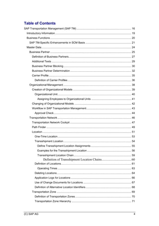 (C) SAP AG 4
Table of Contents
SAP Transportation Management (SAP TM) .......................................................................... 16
Introductory Information ....................................................................................................... 19
Business Functions.............................................................................................................. 20
SAP TM-Specific Enhancements in SCM Basis .............................................................. 21
Master Data.......................................................................................................................... 24
Business Partner .............................................................................................................. 25
Definition of Business Partners..................................................................................... 27
Additional Texts ............................................................................................................ 29
Business Partner Blocking............................................................................................ 30
Business Partner Determination................................................................................... 32
Carrier Profile................................................................................................................ 35
Definition of Carrier Profiles ...................................................................................... 36
Organizational Management ............................................................................................ 38
Creation of Organizational Models ............................................................................... 39
Organizational Unit.................................................................................................... 40
Assigning Employees to Organizational Units ...................................................... 41
Changing of Organizational Models ............................................................................. 42
Workflow in SAP Transportation Management............................................................. 43
Approval Check......................................................................................................... 44
Transportation Network .................................................................................................... 46
Transportation Network Cockpit ................................................................................... 47
Path Finder ................................................................................................................... 49
Location ........................................................................................................................ 51
One-Time Location.................................................................................................... 53
Transshipment Location............................................................................................ 54
Define Transshipment Location Assignments....................................................... 55
Examples for the Transshipment Location............................................................ 56
Transshipment Location Chain.............................................................................. 59
Definition of Transshipment Location Chains.....................................60
Definition of Locations............................................................................................... 61
Operating Times.................................................................................................... 63
Deleting Locations..................................................................................................... 64
Application Logs for Locations .................................................................................. 66
Use of Change Documents for Locations ................................................................. 67
Definition of Alternative Location Identifiers.............................................................. 68
Transportation Zone ..................................................................................................... 69
Definition of Transportation Zones............................................................................ 70
Transportation Zone Hierarchy ................................................................................. 71
 