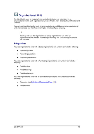 (C) SAP AG 40
Organizational Unit
An object that is used for mapping the organizational structure of a company in an
organizational model. Each organizational unit is defined in more detail by its unit function and
unit role.
You can use this object as the basis for an organizational model by arranging organizational
units hierarchically and therefore mirroring the structure of your company.
You may only use the Organization or Group organizational unit roles for
organizational units with the Purchasing or Planning and Execution organizational
unit functions.
Integration
You use organizational units with a Sales organizational unit function to create the following:
 Forwarding orders
 Forwarding quotations
 Forwarding settlements
You use organizational units with a Purchasing organizational unit function to create the
following:
 Freight orders
 Freight bookings
 Freight settlements
You use organizational units with an Execution organizational unit function to create the
following:
 Resources (see Definition of Resources [Page 110])
 Freight orders
 