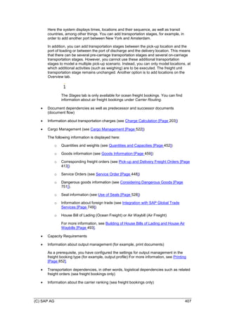 (C) SAP AG 407
Here the system displays times, locations and their sequence, as well as transit
countries, among other things. You can add transportation stages, for example, in
order to add another port between New York and Amsterdam.
In addition, you can add transportation stages between the pick-up location and the
port of loading or between the port of discharge and the delivery location. This means
that there can be several pre-carriage transportation stages and several on-carriage
transportation stages. However, you cannot use these additional transportation
stages to model a multiple pick-up scenario. Instead, you can only model locations, at
which additional activities (such as weighing) are to be executed. The freight unit
transportation stage remains unchanged. Another option is to add locations on the
Overview tab.
The Stages tab is only available for ocean freight bookings. You can find
information about air freight bookings under Carrier Routing.
 Document dependencies as well as predecessor and successor documents
(document flow)
 Information about transportation charges (see Charge Calculation [Page 203])
 Cargo Management (see Cargo Management [Page 522])
The following information is displayed here:
o Quantities and weights (see Quantities and Capacities [Page 452])
o Goods information (see Goods Information [Page 459])
o Corresponding freight orders (see Pick-up and Delivery Freight Orders [Page
413])
o Service Orders (see Service Order [Page 448])
o Dangerous goods information (see Considering Dangerous Goods [Page
751]).
o Seal information (see Use of Seals [Page 528])
o Information about foreign trade (see Integration with SAP Global Trade
Services [Page 749])
o House Bill of Lading (Ocean Freight) or Air Waybill (Air Freight)
For more information, see Building of House Bills of Lading and House Air
Waybills [Page 493].
 Capacity Requirements
 Information about output management (for example, print documents)
As a prerequisite, you have configured the settings for output management in the
freight booking type (for example, output profile) For more information, see Printing
[Page 852].
 Transportation dependencies, in other words, logistical dependencies such as related
freight orders (sea freight bookings only)
 Information about the carrier ranking (sea freight bookings only)
 