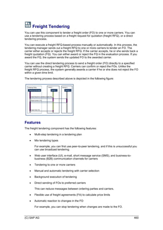 (C) SAP AG 460
Freight Tendering
You can use this component to tender a freight order (FO) to one or more carriers. You can
use a tendering process based on a freight request for quotation (freight RFQ), or a direct
tendering process.
You can execute a freight RFQ-based process manually or automatically. In this process, the
tendering manager sends out a freight RFQ to one or more carriers to tender an FO. The
carrier either accepts or rejects the freight RFQ. If the carrier accepts, he or she sends back a
freight quotation (FQ). You can either award or reject the FQ in the evaluation process. If you
award the FQ, the system sends the updated FO to the awarded carrier.
You can use the direct tendering process to send a freight order (FO) directly to a specified
carrier without creating a freight RFQ. Carriers can confirm or reject the FOs. Unlike the
freight RFQ process, the system generally awards a carrier if he or she does not reject the FO
within a given time limit.
The tendering process described above is depicted in the following figure:
Ordering Party
Tendering Manager
Carrier I
Carrier 1
Carrier II
Carrier n
Freight Quotation (FQ)
Freight Order (FO)
Freight Request for Quotation (Freight RFQ)
Features
The freight tendering component has the following features:
 Multi-step tendering in a tendering plan
 Mix tendering types
For example, you can first use peer-to-peer tendering, and if this is unsuccessful you
can use broadcast tendering.
 Web user interface (UI), e-mail, short message service (SMS), and business-to-
business (B2B) communication channels for carriers
 Tendering to one or more carriers
 Manual and automatic tendering with carrier selection
 Background execution of tendering
 Direct sending of FOs to preferred carriers
This can reduce messages between ordering parties and carriers.
 Flexible use of freight agreements (FA) to calculate price limits
 Automatic reaction to changes in the FO
For example, you can stop tendering when changes are made to the FO.
 
