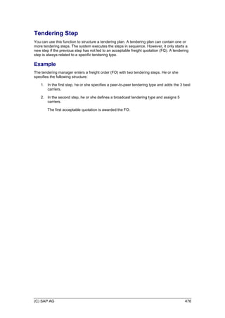 (C) SAP AG 476
Tendering Step
You can use this function to structure a tendering plan. A tendering plan can contain one or
more tendering steps. The system executes the steps in sequence. However, it only starts a
new step if the previous step has not led to an acceptable freight quotation (FQ). A tendering
step is always related to a specific tendering type.
Example
The tendering manager enters a freight order (FO) with two tendering steps. He or she
specifies the following structure:
1. In the first step, he or she specifies a peer-to-peer tendering type and adds the 3 best
carriers.
2. In the second step, he or she defines a broadcast tendering type and assigns 5
carriers.
The first acceptable quotation is awarded the FO.
 