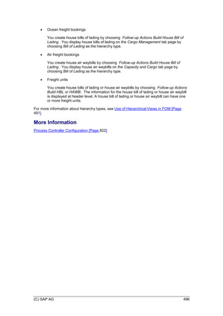 (C) SAP AG 496
 Ocean freight bookings
You create house bills of lading by choosing Follow-up Actions Build House Bill of
Lading . You display house bills of lading on the Cargo Management tab page by
choosing Bill of Lading as the hierarchy type.
 Air freight bookings
You create house air waybills by choosing Follow-up Actions Build House Bill of
Lading . You display house air waybills on the Capacity and Cargo tab page by
choosing Bill of Lading as the hierarchy type.
 Freight units
You create house bills of lading or house air waybills by choosing Follow-up Actions
Build HBL or HAWB . The information for the house bill of lading or house air waybill
is displayed at header level. A house bill of lading or house air waybill can have one
or more freight units.
For more information about hierarchy types, see Use of Hierarchical Views in FOM [Page
491].
More Information
Process Controller Configuration [Page 822]
 