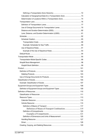 (C) SAP AG 5
Defining a Transportation Zone Hierarchy ............................................................ 72
Calculation of Geographical Data for a Transportation Zone ................................... 73
Determination of Locations Within a Transportation Zone........................................ 74
Transportation Lane...................................................................................................... 76
Definition of Transportation Lanes ............................................................................ 77
Use of Change Documents for Transportation Lanes .............................................. 79
Distance and Duration Determination (DDD)............................................................ 80
Lane, Distance, and Duration Determination (LDDD)............................................... 81
Schedule....................................................................................................................... 82
Schedule Creation..................................................................................................... 85
Transportation Costs ............................................................................................. 88
Example: Schedules for Sea Traffic...................................................................... 89
Use of Departure Rules............................................................................................. 91
Example of the Use of Departure Rules................................................................ 93
Default Route................................................................................................................ 94
Transportation Mode ........................................................................................................ 95
Transportation-Mode-Specific Codes ........................................................................... 96
Waybill Stock Management .......................................................................................... 98
Waybill Stock Definition............................................................................................. 99
Product ........................................................................................................................... 101
Definition of Products.................................................................................................. 102
Deleting Products.................................................................................................... 103
Use of Change Documents for Products .................................................................... 104
Classification of Goods................................................................................................... 105
Example: Classification of Goods............................................................................... 107
Equipment Groups and Equipment Types ..................................................................... 108
Definition of Equipment Groups and Equipment Types ............................................. 109
Definition of Resources .................................................................................................. 110
Classification of Resources ........................................................................................ 111
Resource Types.......................................................................................................... 113
Calendar Resource ................................................................................................. 114
Vehicle Resource .................................................................................................... 115
Definition of Means of Transport ......................................................................... 117
Definition of Means-of-Transport Combinations..............................119
Definition of Compartments................................................................................. 120
Examples of Compartments...............................................................121
Definition of Dimensions and Units of Measurement .......................................... 125
Handling Resource.................................................................................................. 127
Driver....................................................................................................................... 128
Creating, Copying, and Deleting Resources .............................................................. 129
 