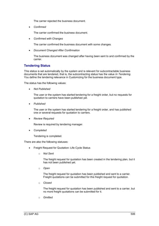 (C) SAP AG 506
The carrier rejected the business document.
 Confirmed
The carrier confirmed the business document.
 Confirmed with Changes
The carrier confirmed the business document with some changes.
 Document Changed After Confirmation
The business document was changed after having been sent to and confirmed by the
carrier.
Tendering Status
This status is set automatically by the system and is relevant for subcontractable business
documents that are tendered, that is, the subcontracting status has the value In Tendering.
You define the tendering relevance in Customizing for the business document type.
The status has the following values:
 Not Published
The user or the system has started tendering for a freight order, but no requests for
quotation to carriers have been published yet.
 Published
The user or the system has started tendering for a freight order, and has published
one or several requests for quotation to carriers.
 Review Required
Review is required by tendering manager.
 Completed
Tendering is completed.
There are also the following statuses:
 Freight Request for Quotation: Life Cycle Status
o Not Sent
The freight request for quotation has been created in the tendering plan, but it
has not been published yet.
o Open
The freight request for quotation has been published and sent to a carrier.
Freight quotations can be submitted for this freight request for quotation.
o Closed
The freight request for quotation has been published and sent to a carrier, but
no more freight quotations can be submitted for it.
o Omitted
 