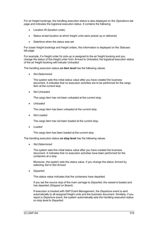 (C) SAP AG 510
For air freight bookings, the handling execution status is also displayed on the Operations tab
page and indicates the logistical execution status. It contains the following:
 Location ID (location code)
 Status at last location at which freight units were picked up or delivered
 Date/time when the status was set
For ocean freight bookings and freight orders, this information is displayed on the Statuses
tab page.
For example, if a freight order for pick-up is assigned to the air freight booking and you
change the status of this freight order from Arrived to Unloaded, the logistical execution status
of the air freight booking will indicate Unloaded.
The handling execution status on item level has the following values:
 Not Determined
The system sets this initial status value after you have created the business
document. It indicates that no execution activities are to be performed for the cargo
item at the current stop.
 Not Unloaded
The cargo item has not been unloaded at the current stop.
 Unloaded
The cargo item has been unloaded at the current stop.
 Not Loaded
The cargo item has not been loaded at the current stop.
 Loaded
The cargo item has been loaded at the current stop.
The handling execution status on stop level has the following values:
 Not Determined
The system sets this initial status value after you have created the business
document. It indicates that no execution activities have been performed for the
containers at a stop.
Moreover, the system sets this status value, if you change the status Arrived by
selecting Set to Not Arrived.
 Departed
This status value indicates that the containers have departed.
If you set the source stop of the main carriage to Departed, the vessel is loaded and
has departed (Shipped on Board).
If execution is tracked with SAP Event Management, the Departure event is sent
automatically to all assigned freight units and the business document. Similarly, if you
report a Departure event, the system automatically sets the handling execution status
on stop level to Departed.
 