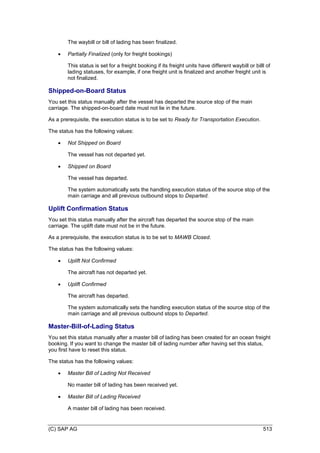 (C) SAP AG 513
The waybill or bill of lading has been finalized.
 Partially Finalized (only for freight bookings)
This status is set for a freight booking if its freight units have different waybill or billl of
lading statuses, for example, if one freight unit is finalized and another freight unit is
not finalized.
Shipped-on-Board Status
You set this status manually after the vessel has departed the source stop of the main
carriage. The shipped-on-board date must not lie in the future.
As a prerequisite, the execution status is to be set to Ready for Transportation Execution.
The status has the following values:
 Not Shipped on Board
The vessel has not departed yet.
 Shipped on Board
The vessel has departed.
The system automatically sets the handling execution status of the source stop of the
main carriage and all previous outbound stops to Departed.
Uplift Confirmation Status
You set this status manually after the aircraft has departed the source stop of the main
carriage. The uplift date must not be in the future.
As a prerequisite, the execution status is to be set to MAWB Closed.
The status has the following values:
 Uplift Not Confirmed
The aircraft has not departed yet.
 Uplift Confirmed
The aircraft has departed.
The system automatically sets the handling execution status of the source stop of the
main carriage and all previous outbound stops to Departed.
Master-Bill-of-Lading Status
You set this status manually after a master bill of lading has been created for an ocean freight
booking. If you want to change the master bill of lading number after having set this status,
you first have to reset this status.
The status has the following values:
 Master Bill of Lading Not Received
No master bill of lading has been received yet.
 Master Bill of Lading Received
A master bill of lading has been received.
 