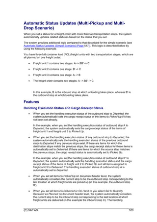 (C) SAP AG 520
Automatic Status Updates (Multi-Pickup and Multi-
Drop Scenario)
When you set a status for a freight order with more than two transportation stops, the system
automatically updates related statuses based on the status that you set.
The system provides additional logic compared to that described for the simple scenario (see
Automatic Status Updates (Simple Scenario) [Page 517]). This logic is described below by
using the following example.
You have three full container load (FCL) freight units with two transportation stages, which are
all planned on one freight order:
 Freight unit 1 contains two stages: A -> BB' -> C
 Freight unit 2 contains one stage: B' -> C
 Freight unit 3 contains one stage: A -> B
 The freight order contains two stages: A -> BB' -> C
In this example, B is the inbound stop at which unloading takes place, whereas B' is
the outbound stop at which loading takes place.
Features
Handling Execution Status and Cargo Receipt Status
 When you set the handling execution status of the outbound stop to Departed, the
system automatically sets the cargo receipt status of the items to Picked Up if it has
not been set already.
In the example, when you set the handling execution status of outbound stop A to
Departed, the system automatically sets the cargo receipt status of the items of
freight unit 1 and freight unit 3 to Picked Up.
 When you set the handling execution status of any outbound stop to Departed, the
system automatically sets the handling execution status of the previous outbound
stops to Departed if any previous stops exist. If there are items for which the
destination stops match the previous stops, the cargo receipt status for these items is
automatically set to Delivered. If there are items for which the source stop matches
the previous stops, the cargo receipt status is automatically set to Picked Up.
In the example, when you set the handling execution status of outbound stop B' to
Departed, the system automatically sets the handling execution status and the cargo
receipt status of the items of freight unit 2 to Picked Up and all items assigned to
freight unit 3 to Delivered. The handling execution status of outbound stop A is
automatically set to Departed.
 When you set all items to Picked Up on document header level, the system
automatically considers the current stop to be the outbound stop corresponding to the
last location at which freight units are picked up (in this example, the outbound stop
B').
 When you set all items to Delivered or On Hand or you select Set to Quantity
Received as Planned on document header level, the system automatically considers
the current stop to be the inbound stop corresponding to the last location at which
freight units are delivered (in this example the inbound stop C). The handling
 
