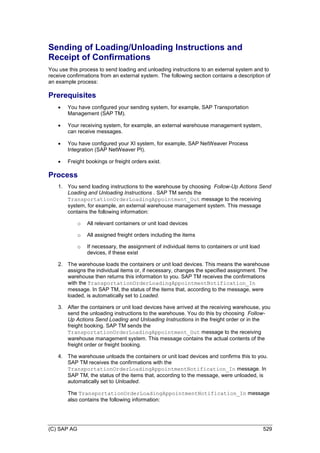 (C) SAP AG 529
Sending of Loading/Unloading Instructions and
Receipt of Confirmations
You use this process to send loading and unloading instructions to an external system and to
receive confirmations from an external system. The following section contains a description of
an example process:
Prerequisites
 You have configured your sending system, for example, SAP Transportation
Management (SAP TM).
 Your receiving system, for example, an external warehouse management system,
can receive messages.
 You have configured your XI system, for example, SAP NetWeaver Process
Integration (SAP NetWeaver PI).
 Freight bookings or freight orders exist.
Process
1. You send loading instructions to the warehouse by choosing Follow-Up Actions Send
Loading and Unloading Instructions . SAP TM sends the
TransportationOrderLoadingAppointment_Out message to the receiving
system, for example, an external warehouse management system. This message
contains the following information:
o All relevant containers or unit load devices
o All assigned freight orders including the items
o If necessary, the assignment of individual items to containers or unit load
devices, if these exist
2. The warehouse loads the containers or unit load devices. This means the warehouse
assigns the individual items or, if necessary, changes the specified assignment. The
warehouse then returns this information to you. SAP TM receives the confirmations
with the TransportationOrderLoadingAppointmentNotification_In
message. In SAP TM, the status of the items that, according to the message, were
loaded, is automatically set to Loaded.
3. After the containers or unit load devices have arrived at the receiving warehouse, you
send the unloading instructions to the warehouse. You do this by choosing Follow-
Up Actions Send Loading and Unloading Instructions in the freight order or in the
freight booking. SAP TM sends the
TransportationOrderLoadingAppointment_Out message to the receiving
warehouse management system. This message contains the actual contents of the
freight order or freight booking.
4. The warehouse unloads the containers or unit load devices and confirms this to you.
SAP TM receives the confirmations with the
TransportationOrderLoadingAppointmentNotification_In message. In
SAP TM, the status of the items that, according to the message, were unloaded, is
automatically set to Unloaded.
The TransportationOrderLoadingAppointmentNotification_In message
also contains the following information:
 