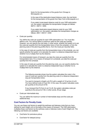 (C) SAP AG 548
factor for the transportation of the goods from Chicago to
Minneapolis is 4.
In the case of the destination-based distance costs, the cost factor
for the transportation of the goods from New York to Minneapolis is 2.
If you select route-based distance costs for your VSR optimization
run, the system calculates the transportation charges as follows:
800*3 + 400*4 = 4000.
If you select destination-based distance costs for your VSR
optimization run, the system calculates the transportation charges as
follows: (800 + 400)*2 = 2400.
 Costs per quantity
You define the costs per quantity for each VSR optimization run. You must also
define a unit. You cannot define a maximum value for the costs per quantity.
However, you can specify the cost basis, in other words, whether the system is to use
the costs per quantity from the transportation lane or from the schedule, or from the
planning costs of the planning profile (that is, from the Costs per Quantity field).
In the case of costs per quantity from the transportation lane or the schedule, you can
specify whether the system is to calculate the costs in a distance-independent way or
whether it is to multiply them by the distance.
For nonscheduled means of transport, you take the costs per quantity from the
transportation lane. For a means of transport of a schedule, you take the costs per
quantity from the schedule.
In the case of costs per quantity from the planning costs, you can specify whether the
system is to calculate the costs in a distance-independent way or whether it is to
multiply them by the distance.
The following example shows how the system calculates the costs in the
case of costs per quantity from the planning costs (in a distance-independent
way per transportation lane):
You want to transport a freight unit (FU) with a weight of 10 kg from A to B.
You have defined costs of 5 per KG. In this case, the system calculates costs
per quantity to the amount of 50.
If you transport the FU from A via C to B, the system calculates costs per
quantity to the amount of 100, in other words, 50 per stage.
 Costs per intermediate stop
You can define the maximum number of intermediate stops and the costs per
additional stop.
Cost Factors for Penalty Costs
You can use these cost factors to weight the earliness and lateness costs that you have
defined for each freight unit on the basis of the means of transport. The VSR optimization
multiplies these cost factors by the earliness costs or lateness costs of each freight unit. The
following cost factors are available:
 Cost factor for premature pickup
 Cost factor for delayed pickup
 