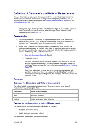 (C) SAP AG 562
Definition of Dimensions and Units of Measurement
You use dimensions to group units of measurement. You need units of measurement to
display product quantities, for example, for freight unit building rule (FUB rules), and to
describe the capacity of vehicle resources (see Freight Unit Building Rule [Page 572] and
Vehicle Resource [Page 115]).
The system might display quantities with 14 decimal digits. If you want the system to
round quantities to a specific number of decimal digits, follow the instructions
described in SAP Note 1132219.
Prerequisites
 You have checked in Customizing for SAP NetWeaver under SAP NetWeaver
General Settings Check Units of Measurement that the dimensions delivered as a
standard and the associated units of measurement are complete.
 When using FUB rules, the system checks if the forwarding order contains the
relevant quantities based on the FUB rules. If the forwarding order does not contain
the relevant quantities, the system uses the product data. For this purpose, you have
defined the following in the product master data:
o Base unit of measure [External] (BUoM)
o Conversion factors
You need conversion factors to convert the base units of measure into the
required units of measurement. You define these in the product master on
the Units of Meas. tab page. For more information, see Definition of Products
[Page 102].
If you have not defined a conversion factor, the system cannot take split
quantities or rounding values into account when building freight units from
business documents (forwarding orders, for example). In this case, it sets the
quantities to zero.
Example
Examples for Dimensions and Units of Measurement
The following table provides you with examples of dimensions and of some units of
measurement you can assign to them.
Dimension Units of Measurement
Mass Kilogram; milligram
Volume Cubic centimeter; cubic decimeter
Example for the Conversion of Units of Measurement
The following units of measurement are predefined as a default:
 Kilogram (dimension mass)
 Cubic decimeter (dimension volume)
You also define the following unit of measurement:
 