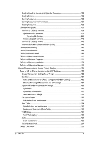 (C) SAP AG 6
Creating Handling, Vehicle, and Calendar Resources ........................................... 130
Creating Drivers ...................................................................................................... 132
Copying Resources................................................................................................. 133
Copying Resources from Templates....................................................................... 134
Deleting Resources................................................................................................. 136
Definition of Capacity.................................................................................................. 137
Definition of Capacity Variants................................................................................ 138
Specification of Definitions .................................................................................. 139
Creating Definitions...........................................................................141
Creating Capacity Variants.................................................................................. 142
Definition of Capacity Profiles ................................................................................. 143
Determination of the Valid Available Capacity........................................................ 145
Definition of Availability............................................................................................... 147
Definition of Downtimes.............................................................................................. 148
Definition of Qualifications .......................................................................................... 149
Definition of Attached Equipment ............................................................................... 150
Definition of Physical Properties................................................................................. 151
Definition of Grouping Attributes................................................................................. 152
Definition of Alternative Names .................................................................................. 153
Charge Management and Service Product Catalogs..................................................... 154
Setup of MD for Charge Management and SP Catalogs ........................................... 156
Charge Management Settings for Air Freight ......................................................... 158
Condition ................................................................................................................. 161
Rules and Conditions for Charge Management and SP Catalogs...................... 162
BRFplus for Charge Management and SP Catalogs .......................................... 164
Agreements and Service Product Catalogs............................................................ 166
Agreement ........................................................................................................... 167
Agreement Maintenance ..................................................................................... 170
Service Product Catalogs.................................................................................... 175
Calculation Sheet .................................................................................................... 177
Calculation Sheet Maintenance........................................................................... 180
Rate Table............................................................................................................... 184
Rate Definition and Maintenance ........................................................................ 187
Background Download of Rate Tables................................................................ 193
TACT Rates............................................................................................................. 194
TACT Rate Upload .............................................................................................. 196
Scale ....................................................................................................................... 197
Scale Maintenance.............................................................................................. 199
Master Data Cockpit................................................................................................ 201
Charge Calculation ..................................................................................................... 203
 
