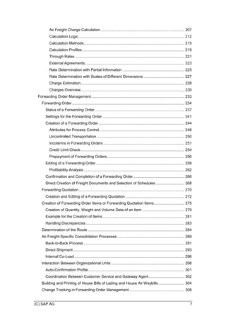 (C) SAP AG 7
Air Freight Charge Calculation................................................................................ 207
Calculation Logic..................................................................................................... 212
Calculation Methods................................................................................................ 215
Calculation Profiles ................................................................................................. 219
Through Rates ........................................................................................................ 221
External Agreements............................................................................................... 223
Rate Determination with Partial Information ........................................................... 225
Rate Determination with Scales of Different Dimensions ....................................... 227
Charge Estimation................................................................................................... 228
Charges Overview................................................................................................... 230
Forwarding Order Management......................................................................................... 233
Forwarding Order ........................................................................................................... 234
Status of a Forwarding Order ..................................................................................... 237
Settings for the Forwarding Order .............................................................................. 241
Creation of a Forwarding Order.................................................................................. 244
Attributes for Process Control ................................................................................. 248
Uncontrolled Transportation.................................................................................... 250
Incoterms in Forwarding Orders ............................................................................. 251
Credit Limit Check................................................................................................... 254
Prepayment of Forwarding Orders.......................................................................... 256
Editing of a Forwarding Order..................................................................................... 258
Profitability Analysis ................................................................................................ 262
Confirmation and Completion of a Forwarding Order................................................. 266
Direct Creation of Freight Documents and Selection of Schedules ........................... 268
Forwarding Quotation..................................................................................................... 270
Creation and Editing of a Forwarding Quotation ........................................................ 272
Creation of Forwarding Order Items or Forwarding Quotation Items............................. 275
Creation of Quantity, Weight and Volume Data of an Item ........................................ 279
Example for the Creation of Items .............................................................................. 281
Handling Discrepancies.............................................................................................. 283
Determination of the Route ............................................................................................ 284
Air Freight-Specific Consolidation Processes ................................................................ 289
Back-to-Back Process ................................................................................................ 291
Direct Shipment .......................................................................................................... 293
Internal Co-Load ......................................................................................................... 296
Interaction Between Organizational Units ...................................................................... 298
Auto-Confirmation Profile............................................................................................ 301
Coordination Between Customer Service and Gateway Agent.................................. 302
Building and Printing of House Bills of Lading and House Air Waybills......................... 304
Change Tracking in Forwarding Order Management..................................................... 308
 