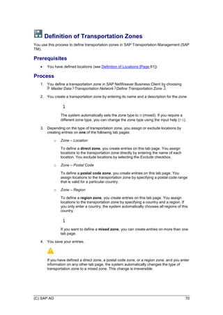 (C) SAP AG 70
Definition of Transportation Zones
You use this process to define transportation zones in SAP Transportation Management (SAP
TM).
Prerequisites
 You have defined locations (see Definition of Locations [Page 61]).
Process
1. You define a transportation zone in SAP NetWeaver Business Client by choosing
Master Data Transportation Network Define Transportation Zone .
2. You create a transportation zone by entering its name and a description for the zone.
The system automatically sets the zone type to M (mixed). If you require a
different zone type, you can change the zone type using the input help (F4).
3. Depending on the type of transportation zone, you assign or exclude locations by
creating entries on one of the following tab pages:
o Zone – Location
To define a direct zone, you create entries on this tab page. You assign
locations to the transportation zone directly by entering the name of each
location. You exclude locations by selecting the Exclude checkbox.
o Zone – Postal Code
To define a postal code zone, you create entries on this tab page. You
assign locations to the transportation zone by specifying a postal code range
that is valid for a particular country.
o Zone – Region
To define a region zone, you create entries on this tab page. You assign
locations to the transportation zone by specifying a country and a region. If
you only enter a country, the system automatically chooses all regions of this
country.
If you want to define a mixed zone, you can create entries on more than one
tab page.
4. You save your entries.
If you have defined a direct zone, a postal code zone, or a region zone, and you enter
information on any other tab page, the system automatically changes the type of
transportation zone to a mixed zone. This change is irreversible.
 