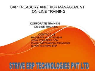 SAP TREASURY AND RISK MANAGEMENT 
ON-LINE TRAINING 
CORPORATE TRAINING 
ON-LINE TRAINING 
CONTACT US 
PHONE NO:+917675979146 
WWW.STRIVEERP.COM 
E-MAIL:striveerp@gmail.com 
SKYPE ID:STRIVE.ERP 
 