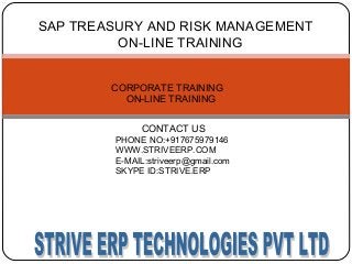 SAP TREASURY AND RISK MANAGEMENT 
ON-LINE TRAINING 
CORPORATE TRAINING 
ON-LINE TRAINING 
CONTACT US 
PHONE NO:+917675979146 
WWW.STRIVEERP.COM 
E-MAIL:striveerp@gmail.com 
SKYPE ID:STRIVE.ERP 
 