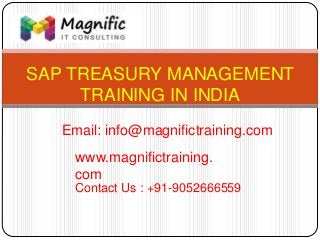 SAP TREASURY MANAGEMENT
TRAINING IN INDIA
www.magnifictraining.
com
Contact Us : +91-9052666559
Email: info@magnifictraining.com
 