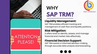 SAP TRM?
It offers tools to identify, assess, and manage
financial and market risks effectively.
WHY
Liquidity Management:
SAP TRM assists in informed decision-making
through accurate data analysis and forecasting.
SAP TRM enables efficient tracking and
management of cash flow and liquidity positions.
Risk Mitigation:
Financial Decision Support:
 
