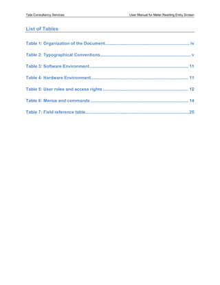 Tata Consultancy Services User Manual for Meter Reading Entry Screen
List of Tables
Table 1: Organization of the Document...................................................................... iv
Table 2: Typographical Conventions........................................................................... v
Table 3: Software Environment.................................................................................. 11
Table 4: Hardware Environment................................................................................. 11
Table 5: User roles and access rights....................................................................... 12
Table 6: Menus and commands ................................................................................. 14
Table 7: Field reference table..................................................................................... 25
 
