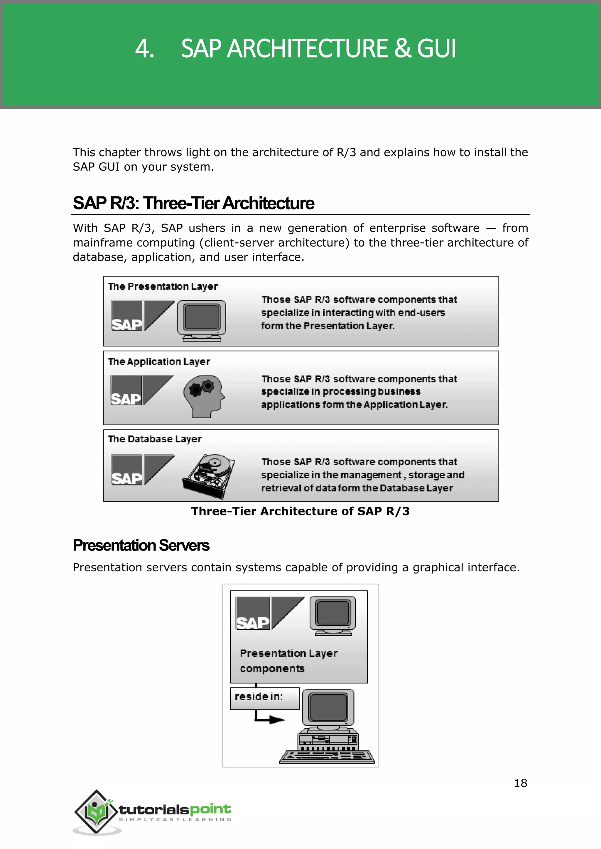 SAP R/3
18
This chapter throws light on the architecture of R/3 and explains how to install the
SAP GUI on your system.
SAPR/3:Three-TierArchitecture
With SAP R/3, SAP ushers in a new generation of enterprise software — from
mainframe computing (client-server architecture) to the three-tier architecture of
database, application, and user interface.
Three-Tier Architecture of SAP R/3
PresentationServers
Presentation servers contain systems capable of providing a graphical interface.
4. SAP ARCHITECTURE &GUI
 