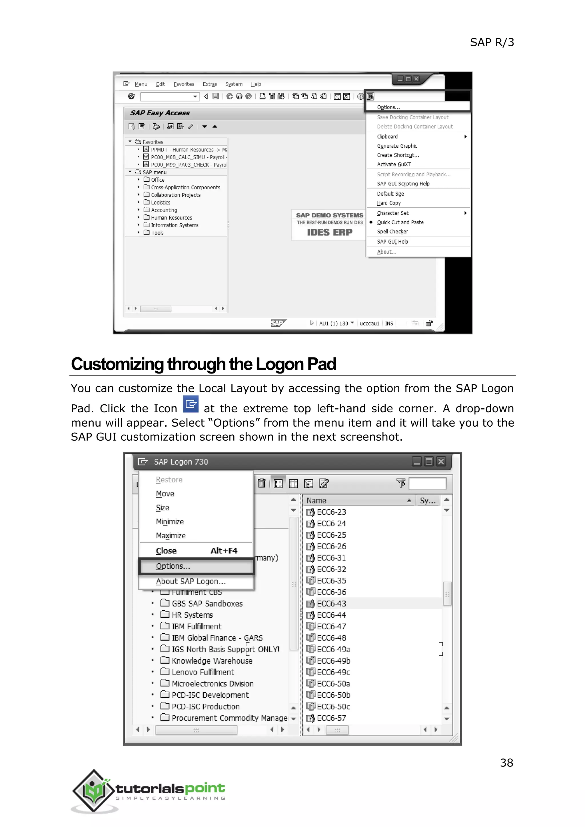 SAP R/3
38
CustomizingthroughtheLogonPad
You can customize the Local Layout by accessing the option from the SAP Logon
Pad. Click the Icon at the extreme top left-hand side corner. A drop-down
menu will appear. Select “Options” from the menu item and it will take you to the
SAP GUI customization screen shown in the next screenshot.
 