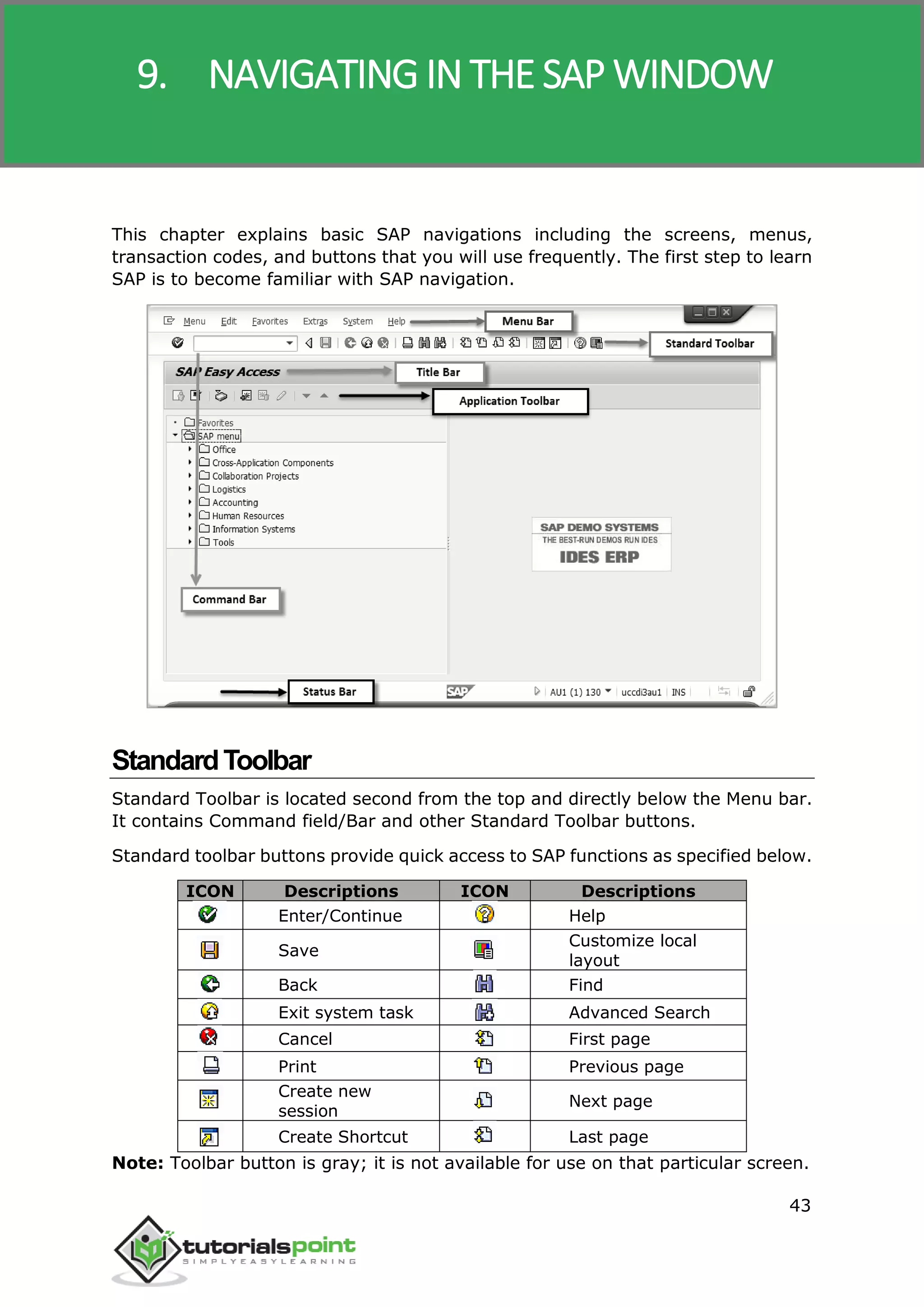 SAP R/3
43
This chapter explains basic SAP navigations including the screens, menus,
transaction codes, and buttons that you will use frequently. The first step to learn
SAP is to become familiar with SAP navigation.
StandardToolbar
Standard Toolbar is located second from the top and directly below the Menu bar.
It contains Command field/Bar and other Standard Toolbar buttons.
Standard toolbar buttons provide quick access to SAP functions as specified below.
ICON Descriptions ICON Descriptions
Enter/Continue Help
Save
Customize local
layout
Back Find
Exit system task Advanced Search
Cancel First page
Print Previous page
Create new
session
Next page
Create Shortcut Last page
Note: Toolbar button is gray; it is not available for use on that particular screen.
9. NAVIGATING IN THE SAP WINDOW
 