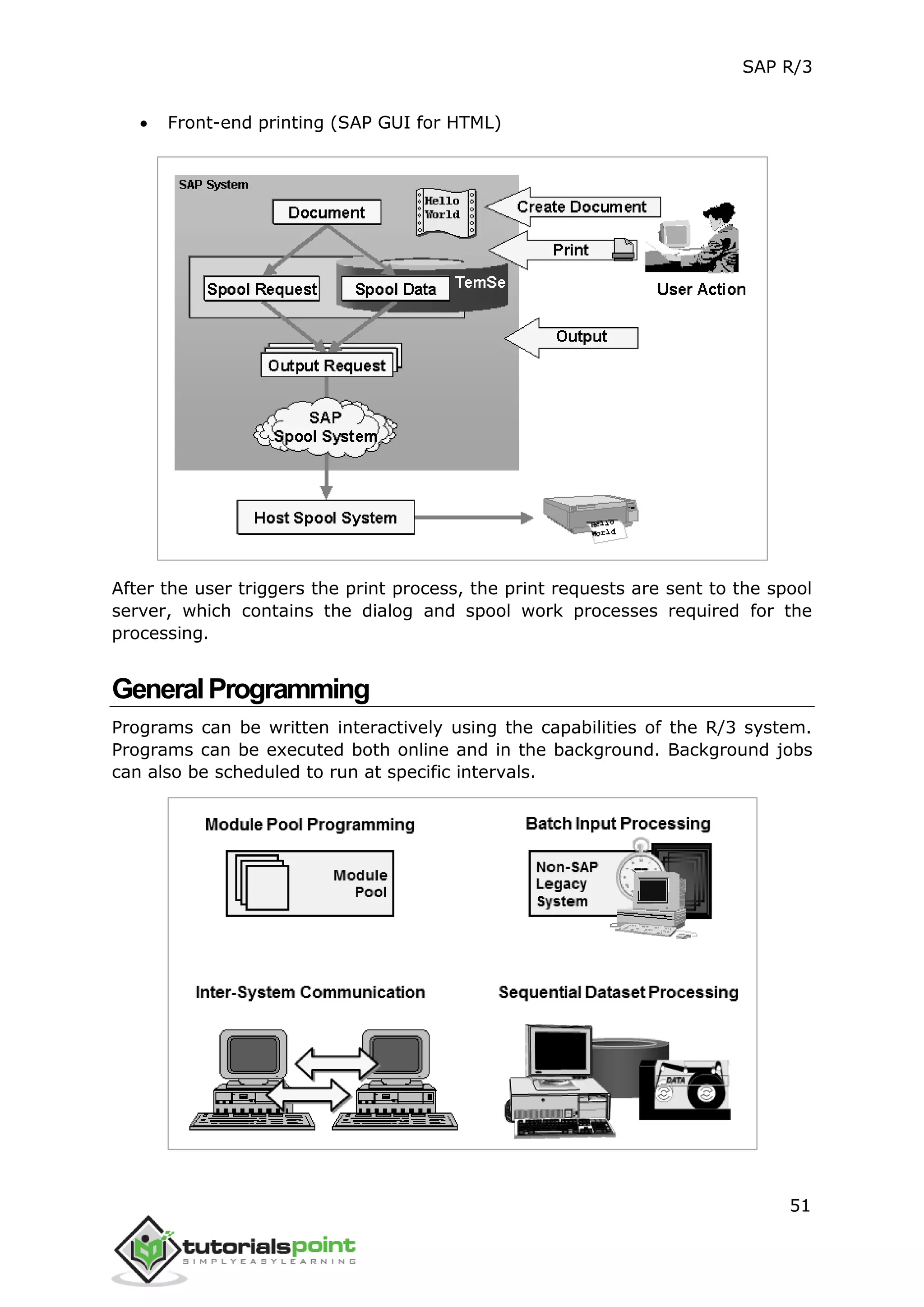 SAP R/3
51
 Front-end printing (SAP GUI for HTML)
After the user triggers the print process, the print requests are sent to the spool
server, which contains the dialog and spool work processes required for the
processing.
GeneralProgramming
Programs can be written interactively using the capabilities of the R/3 system.
Programs can be executed both online and in the background. Background jobs
can also be scheduled to run at specific intervals.
 