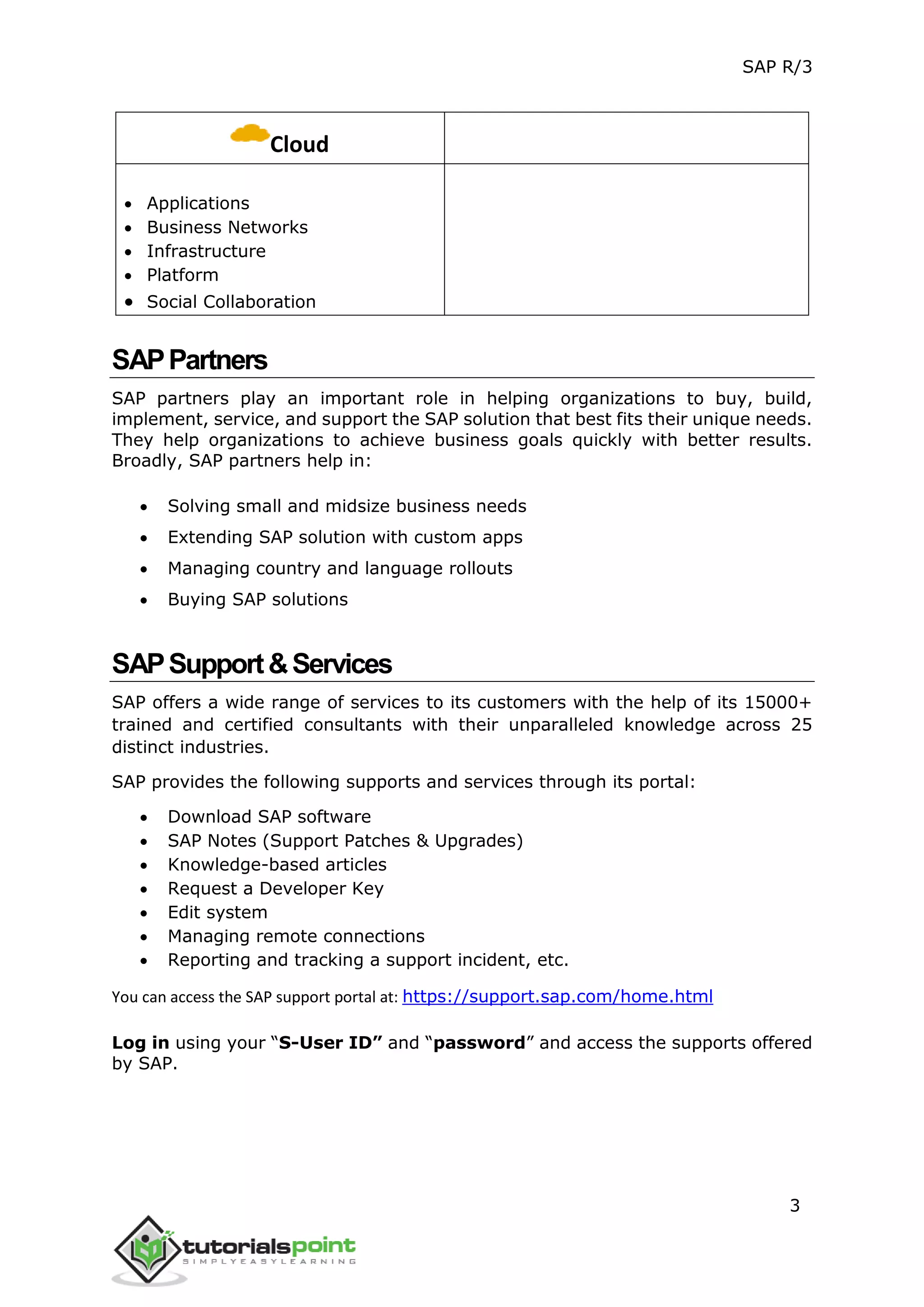 SAP R/3
3
Cloud
 Applications
 Business Networks
 Infrastructure
 Platform
 Social Collaboration
SAPPartners
SAP partners play an important role in helping organizations to buy, build,
implement, service, and support the SAP solution that best fits their unique needs.
They help organizations to achieve business goals quickly with better results.
Broadly, SAP partners help in:
 Solving small and midsize business needs
 Extending SAP solution with custom apps
 Managing country and language rollouts
 Buying SAP solutions
SAPSupport&Services
SAP offers a wide range of services to its customers with the help of its 15000+
trained and certified consultants with their unparalleled knowledge across 25
distinct industries.
SAP provides the following supports and services through its portal:
 Download SAP software
 SAP Notes (Support Patches & Upgrades)
 Knowledge-based articles
 Request a Developer Key
 Edit system
 Managing remote connections
 Reporting and tracking a support incident, etc.
You can access the SAP support portal at: https://support.sap.com/home.html
Log in using your “S-User ID” and “password” and access the supports offered
by SAP.
 