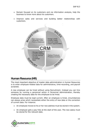 SAP R/3
15
 Remain focused on its customers and via information analysis, help the
business to know more about its customers.
 Improve sales and services and building better relationships with
customers.
HumanResource(HR)
The most important objective of master data administration in Human Resources
is to enter employee-related data for administrative, time-recording, and payroll
purposes.
A new employee can be hired without using Recruitment. Instead you can hire
someone by running a personnel action in Personnel Administration, thereby
creating the necessary data for the employee to be hired.
Employee data must be kept current. After an employee is hired, circumstances
can always arise which necessitate either the entry of new data or the correction
of current data. For instance:
 An employee moves to his or her new address must be stored in the system.
 An employee gets a pay hike at the start of the year. The new salary must
be stored for the relevant date.
 