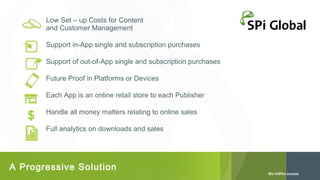 Low Set – up Costs for Content
and Customer Management
Support in-App single and subscription purchases
Support of out-of-App single and subscription purchases
Future Proof in Platforms or Devices
Each App is an online retail store to each Publisher

$

Handle all money matters relating to online sales
Full analytics on downloads and sales

A Progressive Solution

 