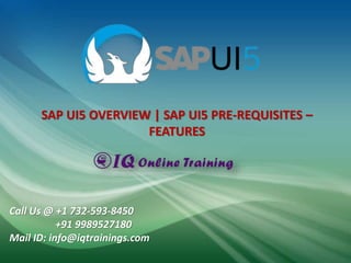 SAP UI5 OVERVIEW | SAP UI5 PRE-REQUISITES –
FEATURES
Call Us @ +1 732-593-8450
+91 9989527180
Mail ID: info@iqtrainings.com
 