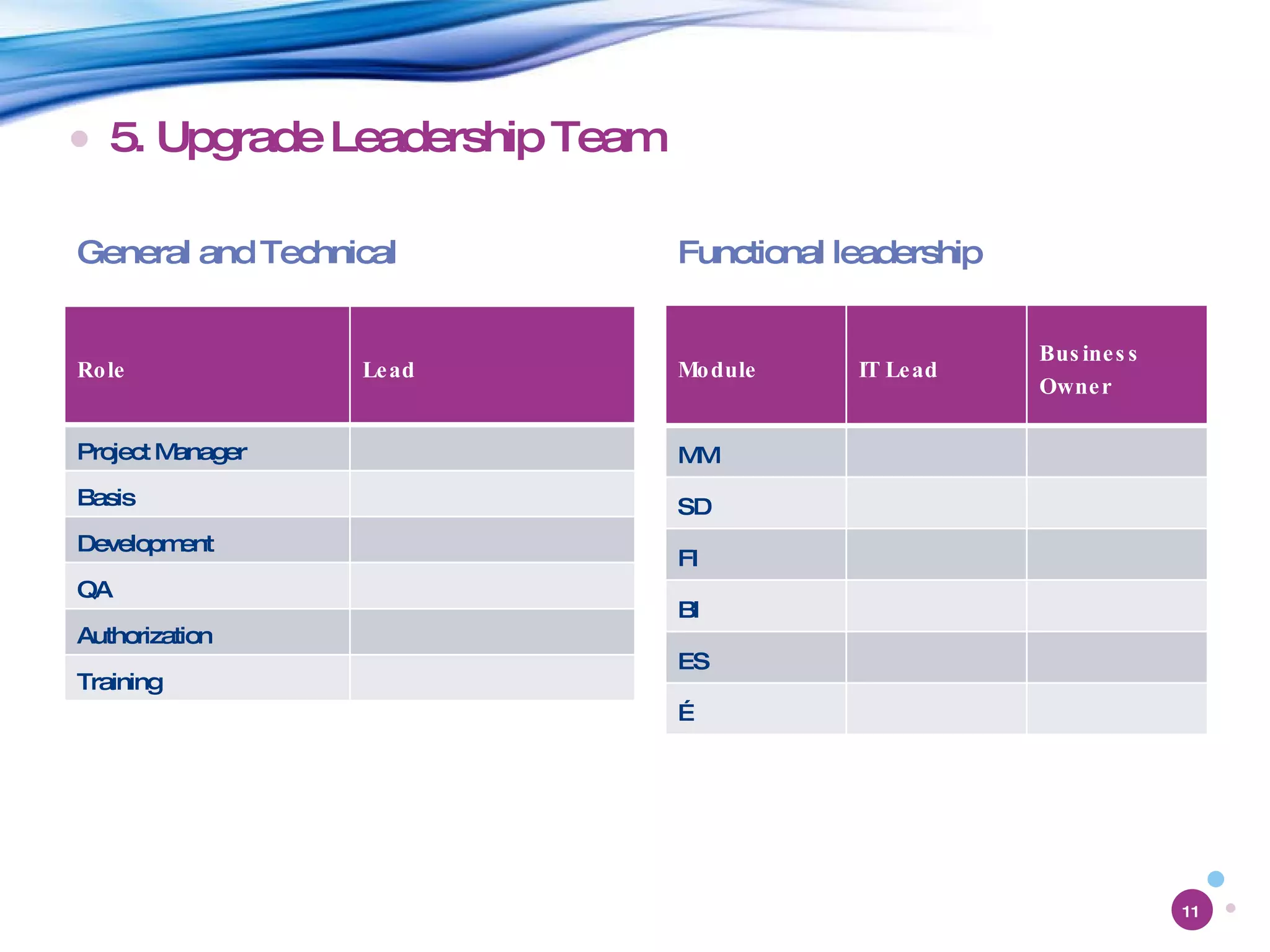 5. Upgrade Leadership Team Functional leadership General and Technical Module IT Lead Business Owner MM SD FI BI ES … Role Lead Project Manager Basis Development QA Authorization Training 