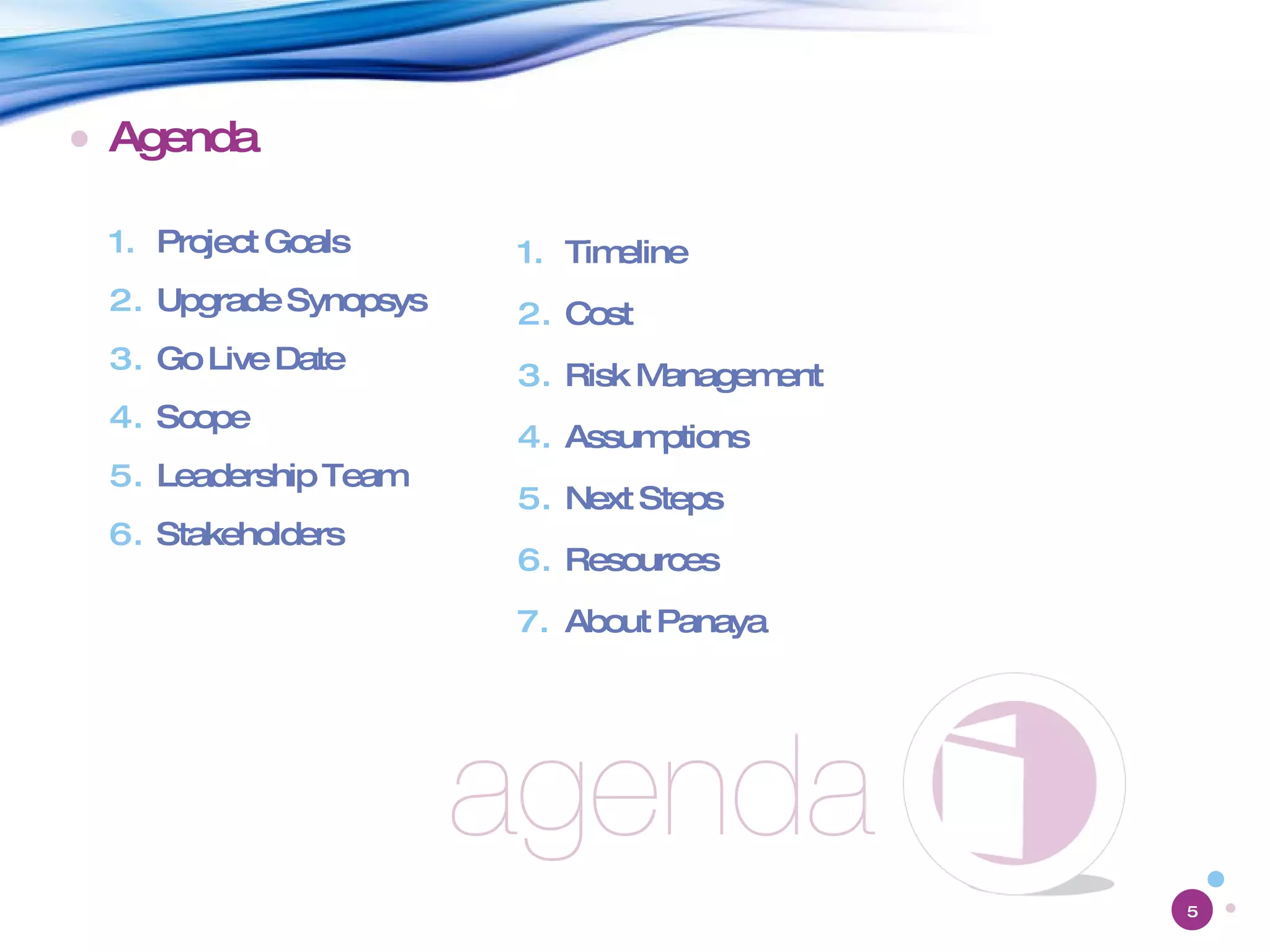 Agenda Project Goals Upgrade Synopsys Go Live Date Scope Leadership Team Stakeholders Timeline Cost Risk Management Assumptions Next Steps Resources About Panaya 