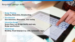 31© 2013 SAP AG or an SAP affiliate company. All rights reserved.
Required design skills
• Design Thinking
Coaching, Moderation, Storyboarding
• User Research
User Interviews, Observation, User testing
• Interaction Design
Screen flows, Low & high-fidelity mock-ups,
Design specifications
• Visual Design
Branding, Visual language (e.g. color, typography, logo)
© 2013 SAP AG or an SAP affiliate company. All rights reserved.
 