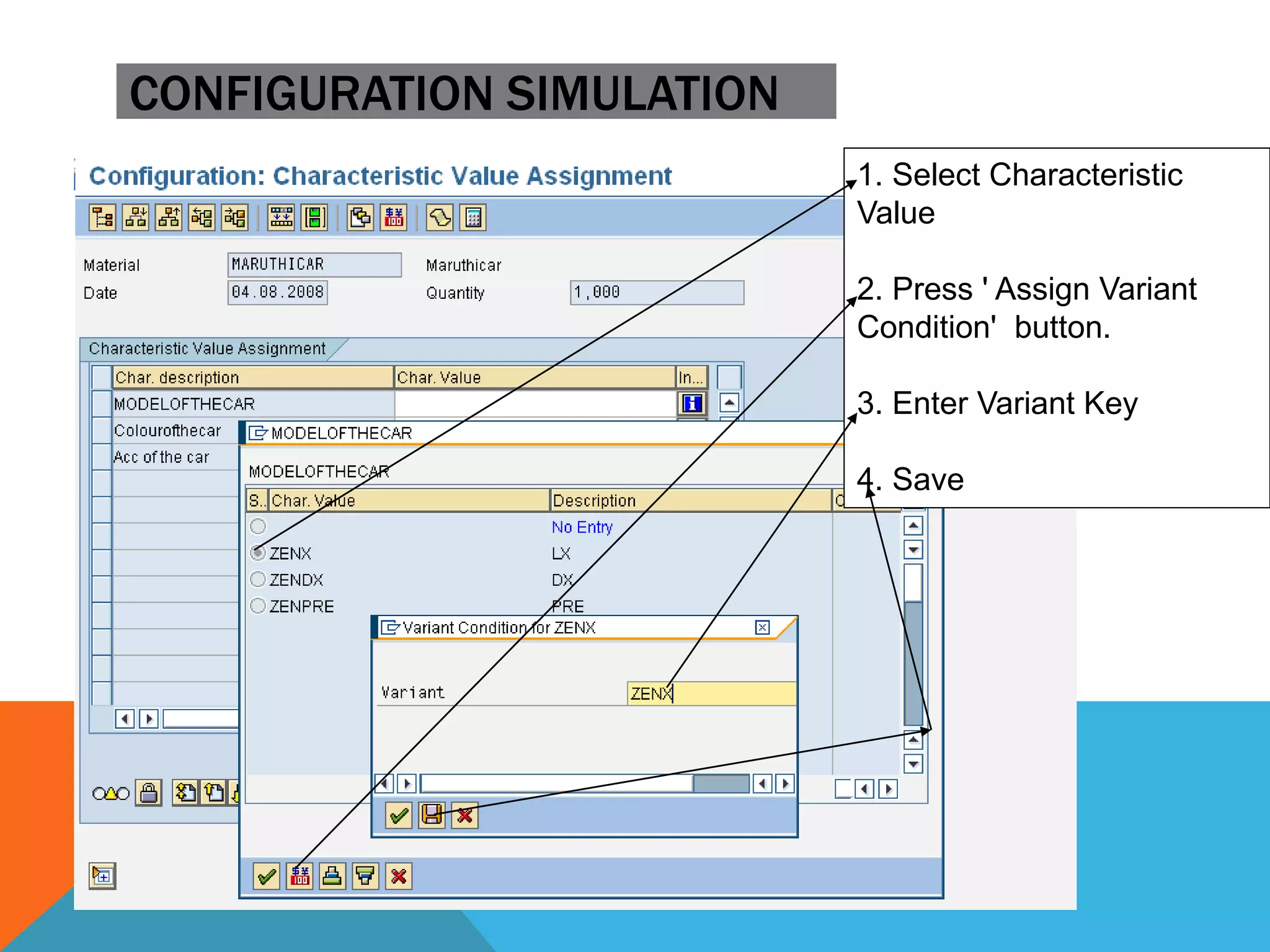 1. Select Characteristic
Value
2. Press ' Assign Variant
Condition' button.
3. Enter Variant Key
4. Save
CONFIGURATION SIMULATION
 