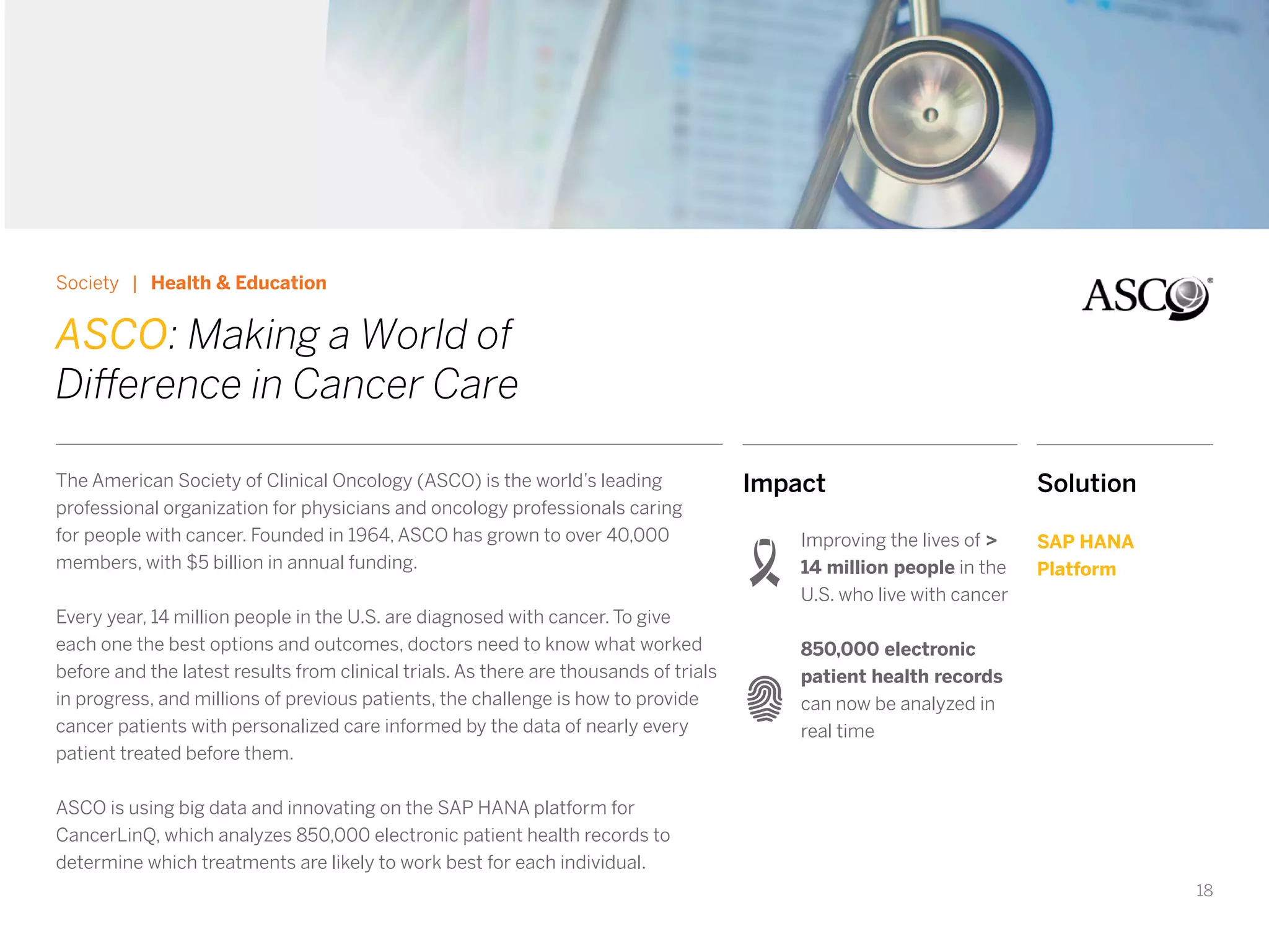 18
Impact
Improving the lives of >
14 million people in the
U.S. who live with cancer
850,000 electronic
patient health records
can now be analyzed in
real time
Society | Health & Education
ASCO: Making a World of
Difference in Cancer Care
The American Society of Clinical Oncology (ASCO) is the world’s leading
professional organization for physicians and oncology professionals caring
for people with cancer. Founded in 1964, ASCO has grown to over 40,000
members, with $5 billion in annual funding.
Every year, 14 million people in the U.S. are diagnosed with cancer. To give
each one the best options and outcomes, doctors need to know what worked
before and the latest results from clinical trials. As there are thousands of trials
in progress, and millions of previous patients, the challenge is how to provide
cancer patients with personalized care informed by the data of nearly every
patient treated before them.
ASCO is using big data and innovating on the SAP HANA platform for
CancerLinQ, which analyzes 850,000 electronic patient health records to
determine which treatments are likely to work best for each individual.
Solution
SAP HANA
Platform
 