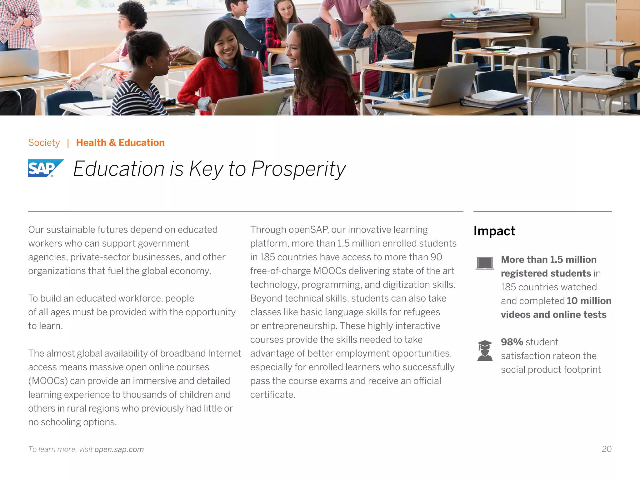20
Our sustainable futures depend on educated
workers who can support government
agencies, private-sector businesses, and other
organizations that fuel the global economy.
To build an educated workforce, people
of all ages must be provided with the opportunity
to learn.
The almost global availability of broadband Internet
access means massive open online courses
(MOOCs) can provide an immersive and detailed
learning experience to thousands of children and
others in rural regions who previously had little or
no schooling options.
Through openSAP, our innovative learning
platform, more than 1.5 million enrolled students
in 185 countries have access to more than 90
free-of-charge MOOCs delivering state of the art
technology, programming, and digitization skills.
Beyond technical skills, students can also take
classes like basic language skills for refugees
or entrepreneurship. These highly interactive
courses provide the skills needed to take
advantage of better employment opportunities,
especially for enrolled learners who successfully
pass the course exams and receive an official
certificate.
Impact
More than 1.5 million
registered students in
185 countries watched
and completed 10 million
videos and online tests
98% student
satisfaction rateon the
social product footprint
Society | Health & Education
		Education is Key to Prosperity
To learn more, visit open.sap.com
 