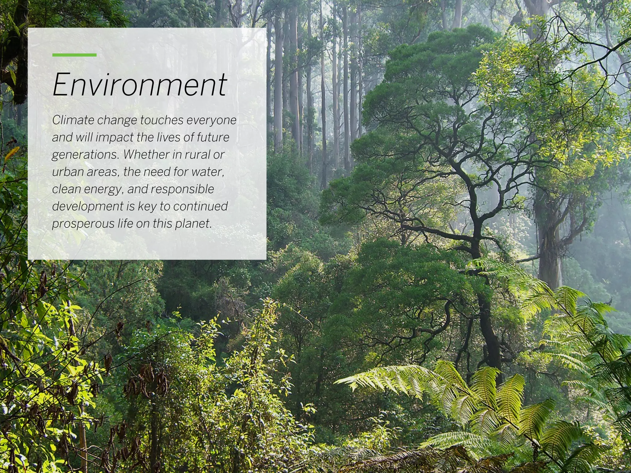 24
Environment
Climate change touches everyone
and will impact the lives of future
generations. Whether in rural or
urban areas, the need for water,
clean energy, and responsible
development is key to continued
prosperous life on this planet.
 