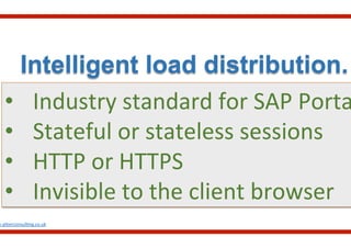 Intelligent load distribution.
•  Industry	
  standard	
  for	
  SAP	
  Porta
•  Stateful	
  or	
  stateless	
  sessions	
  
•  HTTP	
  or	
  HTTPS	
  
•  Invisible	
  to	
  the	
  client	
  browser	
  
w.aliterconsul.ng.co.uk	
  
 