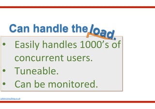 Can handle the
•  Easily	
  handles	
  1000’s	
  of	
  
concurrent	
  users.	
  
•  Tuneable.	
  
•  Can	
  be	
  monitored.	
  
w.aliterconsul.ng.co.uk	
  
load.
 